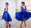 New Sexy Royal Blue Plunging V neck Backless Short Cocktail Dresses Lace Satin Homecoming Dresses Hi Lo Arabic Plus Size Prom Party Gowns