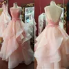 Sexiga Ruffles Lace Appliques 2021 Prom Dress Pearl Pink Bow Ball Gown Organza Evening Gowns Party Dress Vestido Curto de Festa