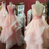 Sexiga Ruffles Lace Appliques 2021 Prom Dress Pearl Pink Bow Ball Gown Organza Evening Gowns Party Dress Vestido Curto de Festa