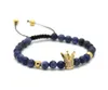 Wholesale 10pcs Fashion 6mm Natural Blue Veins Stone Beads Gold and Platinum Crown Braided CZ Bracelet