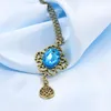 Necklaces Pendants Retro hollow blue stone droplets long chain necklace sweater Swarovski Crystal Necklaces