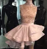 Michael Costello Short Dresses High Neck Lace Satin Cocktail Party Gowns Tiers Ruffles Asymmetrical Mini Prom Celebrity Gowns Cust7357526