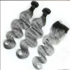 1BСерые бразильские пучки человеческих волос с эффектом омбре с серебристо-серой кружевной застежкой. Двухцветное плетение волос с застежкой. Волнистые 4 шт.L5871898.