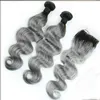 Fasci di capelli umani Ombre brasiliani 1B / grigio con chiusura in pizzo grigio argento Tessuto per capelli colorati bicolore con chiusura corpo ondulato 4 pezzi / lotto