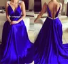 Elegante Royal Blue Avondjurken 2017 Diepe V-hals Spaghetti Riemen Een lijn Prom Jurken Chiffon Floor Lengte Formele Party Jurken