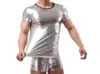 Wholesale-Men T Shirt PVC Pajama Set Sleepwear Sexy Mens Underwear Tees Undershirts Tshirts Faux Leather Casual Short Sleeve Boxers