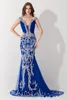 Mermaid Evening Dresses 2023 Luxury Designer Prom Dress Off the Shoulder Crystal Sequined Bling Royal Blue Tulle Formal Pageant Gowns