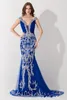 Sjöjungfrun aftonklänningar 2023 Luxury Designer Prom Dress Off the Shoulder Crystal Sequined Bling Royal Blue Tulle formella tävlingsklänningar