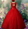 2021 Red Tulle apliques quinceanera vestidos vestido de baile babados cristais frisados ​​comprimento do piso lace up doce 16 vestido vestido q32