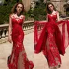 Stunning Red Mermaid Lace Dresses Evening Wear Sheer Jewel Neck Overskirt Prom Gowns Sweep Train Custom Made Tulle Formal Dress