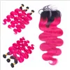 T1B rosa ombre capelli vergini brasiliani dell'onda del corpo con chiusura 4 pezzi lotto radici scure bicolore colorato 3 pacchi con chiusura in pizzo 1 pezzo 4x4