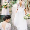 Robes de mariée bohème à la mode col en V profond tulle robes de mariée pays dos nu manches dentelle 2016 robes de mariée