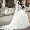 Vintage-Spitze-Ballkleid-Hochzeitskleid mit langen Ärmeln, Applikationen, Hofzug, transparente Brautkleider, arabische Damenkleider in Übergröße