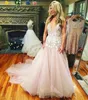 Deep V Neck Lace Applique Beach Wedding Dresses Covered Blush Pink Tulle Sweep Train Bridal Gowns Custom Made Cheap Wedding Vestidos
