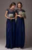 Marinblå brudtärna klänning ren halsringning chiffong spets aftonklänningar plus storlek formell kort ärm prom klänning