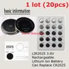 20 pcs 1 lote LIR2025 3.6 V bateria de íons de Lítio Li ion ion recarregável 2025 3.6 Volts baterias de moedas li-ion CR2025 Frete Grátis