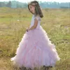 Pink Princess Ball Gown Flower Girl Dresses Sheer Lace Jewel Neck Ruffles Skirt Girls Communion Dress Kids Evening Prom Gowns For Wedding