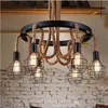 ヴィンテージLED麻ロープペンダントライトEdison Iron Pendant Lamp Industrial 6ヘッドチャンデリアライトフィクスチャレストランのリビングコーヒー