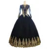 Sexy Black With Gold Applique Wedding Dress Ball Gowns Cheap With Illusion Long Sleeves Corset Back Sweep Train Tulle Wedding Bridal Gowns