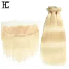 Brazylijski dziewiczy włosy jedwab prosty 4 wiązki z zamknięciem 613 Blond włoski wiązki z frontal ucho do ucho koronki czołowej brazylijska dziewicze włosy