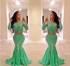 Minit Green Mermaid Two Pieces Evening Dresses Lace Applique Jewel Long Sleeves Prom Dresses Back Zipper Ruffles Custom Made Party Dresses
