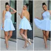 2020 Nowy Tanie Sweet 16 Blue Homecoming Sukienki Halter Koronki Aplikacje Szyfon Krótki Criss Cross Back Bal Sukienka Party Dress Cocktail Suknie