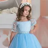 プリンセスブルーフラワーガールドレス女の子Pageantドレス2017ファーストコミッションドレス女の子の誕生日ガウンキッズプロムイブニングドレス