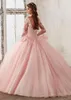 新しいQuinceanera Pageant Ball Gown Long-Sleeve Dress Prom Party Dresses Pink Tulle Aptique Lace Sexy16ドレス