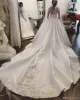 Long Sleeve 2022 Wedding Dresses Lace Applique Crystal Sheer Neck Bridal Gowns Cathedral Train Satin Plus Size Wedding Dress 273E