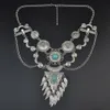 Idealway Bohemian Style Silverguldpläterad kedja snidad turkosa Gem Tassel Pendant Halsband