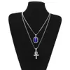 Egyptische Ankh Key of Life Bling Rhinestone Cross Pendant met rode Ruby Pendant Necklace Set Men Hip Hop Jewelry290Z