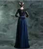 Navy Blue Long Modest Bridesmaid Dresses With 3/4 Sleeves Beaded Lace Satin Wedding Party Dresses Winter New Cheap Brides Maid Dress