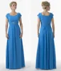 Simple Blue Long Modest Bridesmaid Dresses With Short Sleeves A-line Chiffon Beach Formal Wedding Party Dresses Custom Made Fast Ship