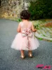 Bebê Infantil Criança Vestidos de Festa de Aniversário Blush Rosa de Ouro Lantejoulas Arco de Renda Tripulação Pescoço Chá Comprimento Tutu Vestidos de Casamento Da Menina de Flor 2019