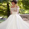 Vestidos De Noiva Off the Shoulder Long Sleeves Wedding Dress Stain Boat Neck Crystal Belt Appliqes Lace Ball Gown Custom Bridal Gowns