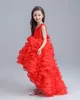 Weiße Prinzessin Spitze Kinder Blumenmädchenkleider für Hochzeiten High Low Perlen Kind Mädchen Party Festzug Kleid mit langer Schleppe für kleine Mädchen