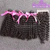 Greatremy® Curly Hair Extension 2 PCS Bundles com 3 Parte Curly Lace Fechamento (4 * 4) 100% Malásia Virgem Virgem Weave Humano à venda