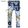 Partihandel- 2020 NY HOT SALE MORUANCLE MENS RIPPAD PATCHWORK JEANS JOGGERS Fashion Man Blue Denim Pants Tryckt Bedömda tvättade byxor