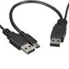 Hochwertiges, schwarzes PVC-Dual-USB-2.0-Stromversorgungskabel, Y-Form, 2 Typ A auf ein Mini-5-Pin-Festplatten-USB-Kabel, 100 Stück