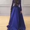 Королевские синие сексуальные разрезы вечерние платья с длинными рукавами Роскошные бисероплетение Иллюзия Кружева Vestido De Festa Сексуальные платья для выпускного вечера