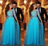 Elegant himmelblå tulle prom klänningar scoop halsringning 3/4 långa ärmar kväll klänningar med applique bow sash custom made ruffle party kappor