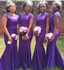 2017 South African Long Mermaid Purple Bridesmaid Dresses Fahsion Short Sleeve Beaded Bow Satin Floor Length Party Gowns Nigeria Custom Made