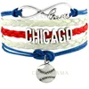 Wholesale-(10 pcs/lot) Infinity Love Chicago Baseball Charm Multilayer Bracelet Gift for Baseball Fans Red Blue White Leather Custom