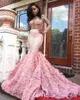 Gorgeous 2k17 Rosa Långärmad Prom Klänningar Sexig Se genom långa ärmar Öppna Back Mermaid Evening Gowns Sydafrikansk formell festklänning