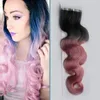 Rey Ombre Human Hair Tape in Hair Extensions Body Wave 100g 40pcs # 1b / Pink Ombre Tape in Human Hair Extensions