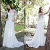 2017 Robes de mariée en dentelle complète Boho A-ligne pas cher décolleté transparent Illusion manches courtes longues robes de mariée bohème sur mesure EN40610