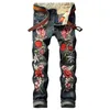 Men's Jeans Wholesale- Gmancl Personality Embroidery Beauty Badge Patch Flowers Ripped Distressed Men Biker Hip Hop Denim Casual Pants