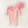 Lace Princess Style Newborn Baby Girl Jumpsuit 2017 New Spring Ruffle Long Sleeve Cotton Infant Romper with Flower Hat Babies Oufits N064