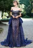 Graciosa Royal Blue Vestido Glamorous Alças Lace Applique Peplum Mermaid Vestido Charming Ver Através Vestido de noite formal