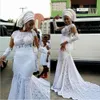 Aso Ebi sjöjungfru bröllopsklänningar vit spets sheer långa ärmar brudklänningar se genom sopa tåg Saudiarabien kvinnor bröllop vestidos